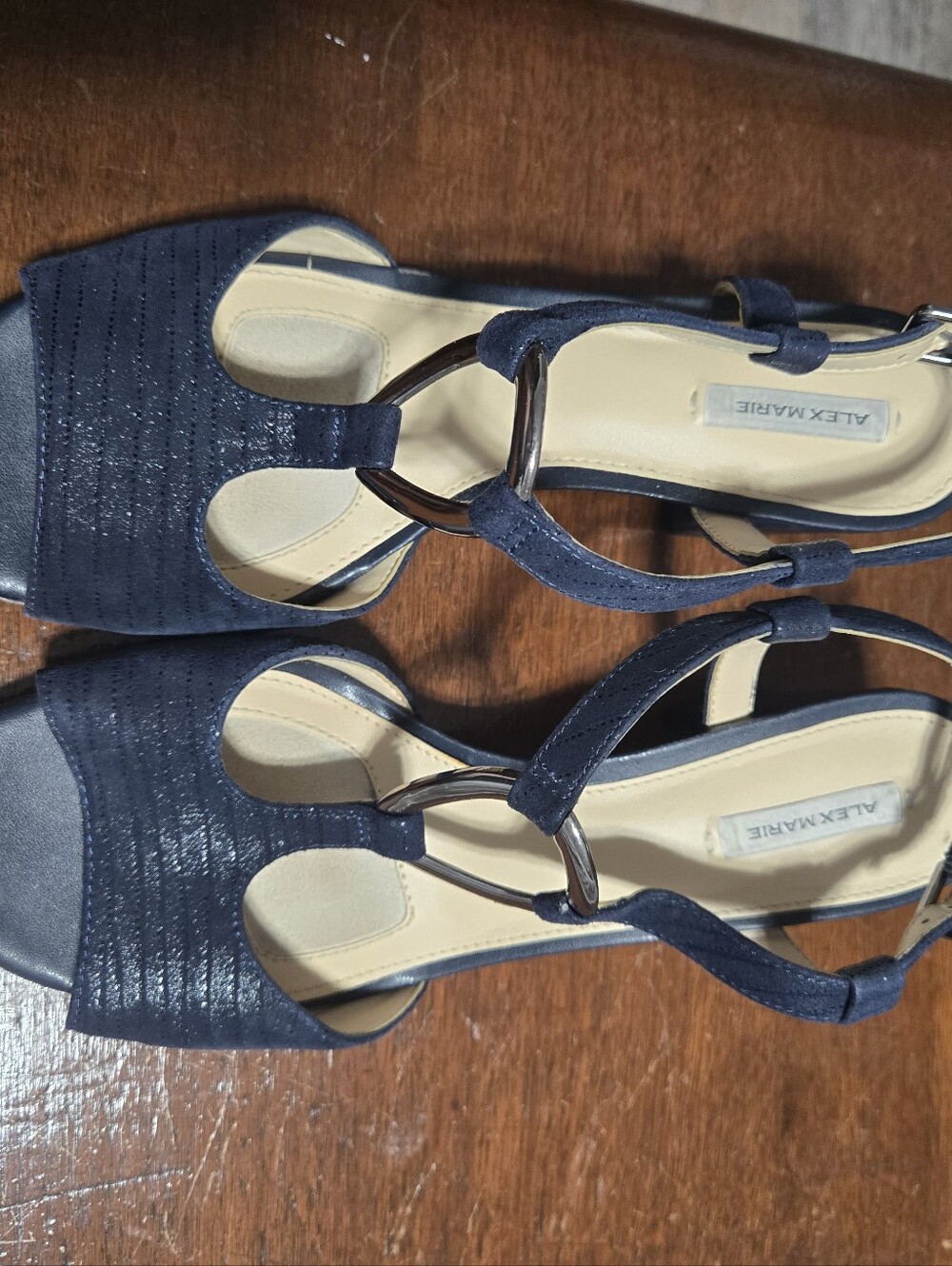 Alex Marie Navy T-Strap Block Heel Sandals